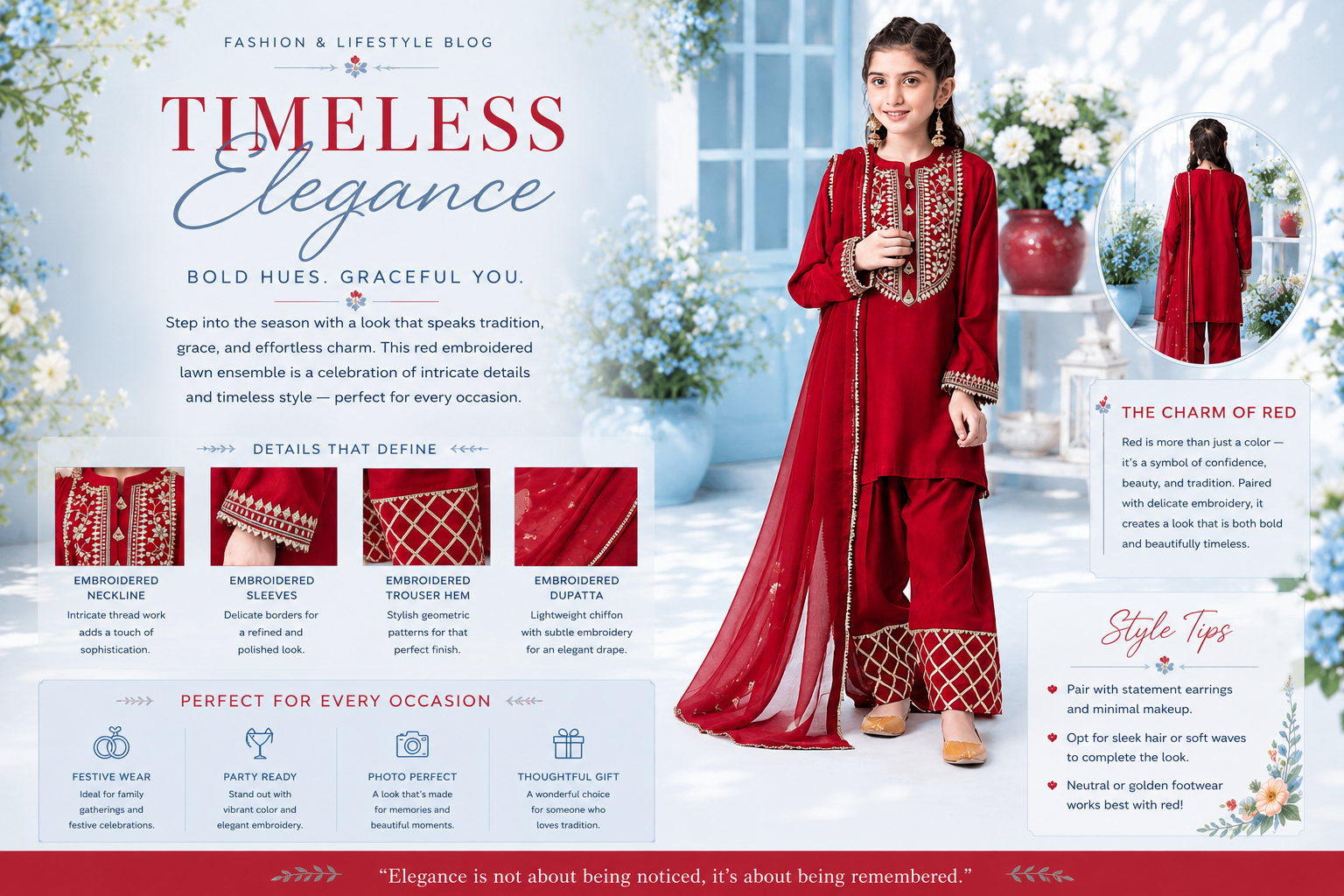Timeless Elegance: A Graceful Red Embroidered Lawn Outfit That Defines Sophistication