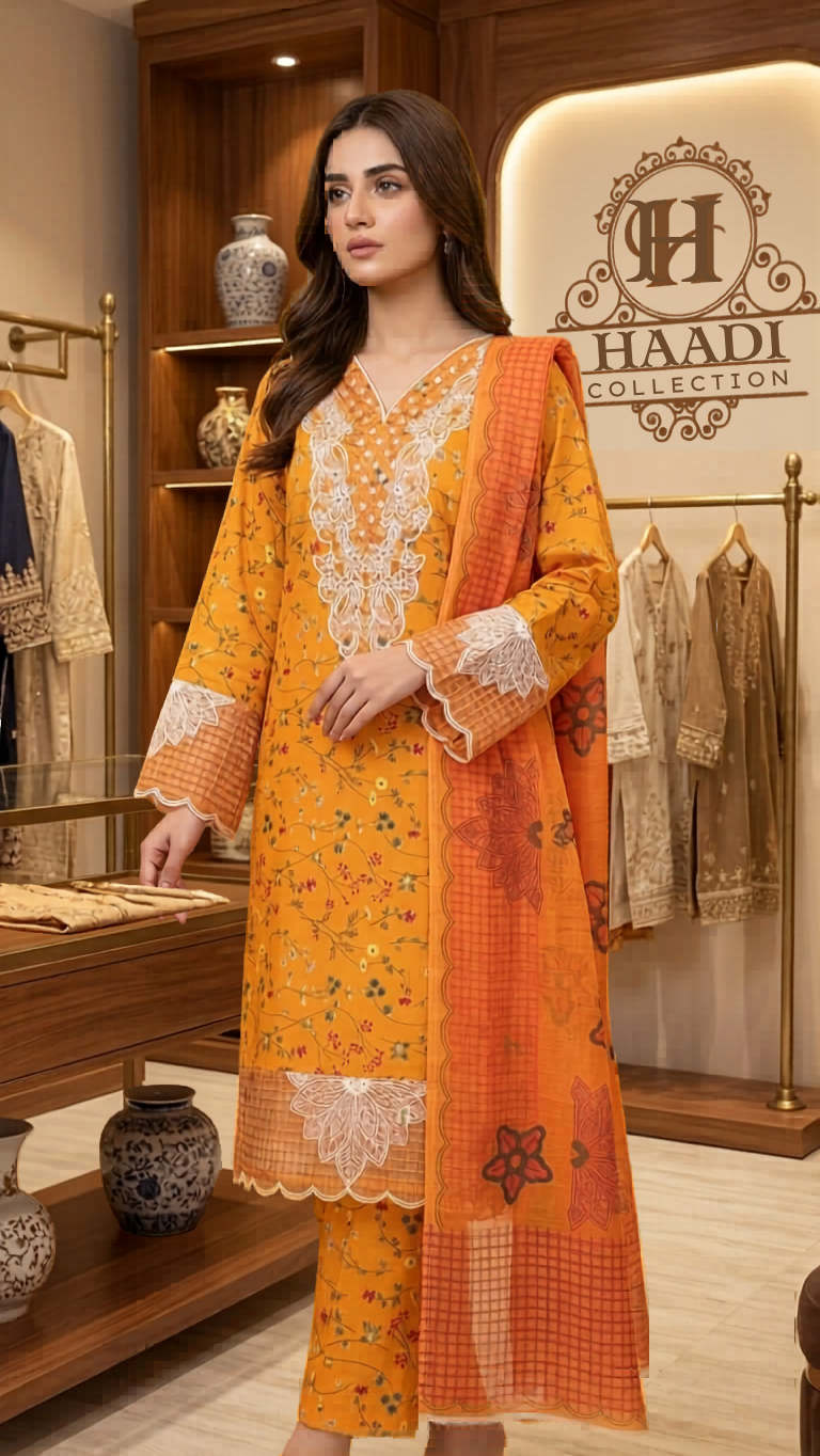 ☀️ Haadi Collection — Vibrant Mustard Yellow Embroidered 3-Piece Suit