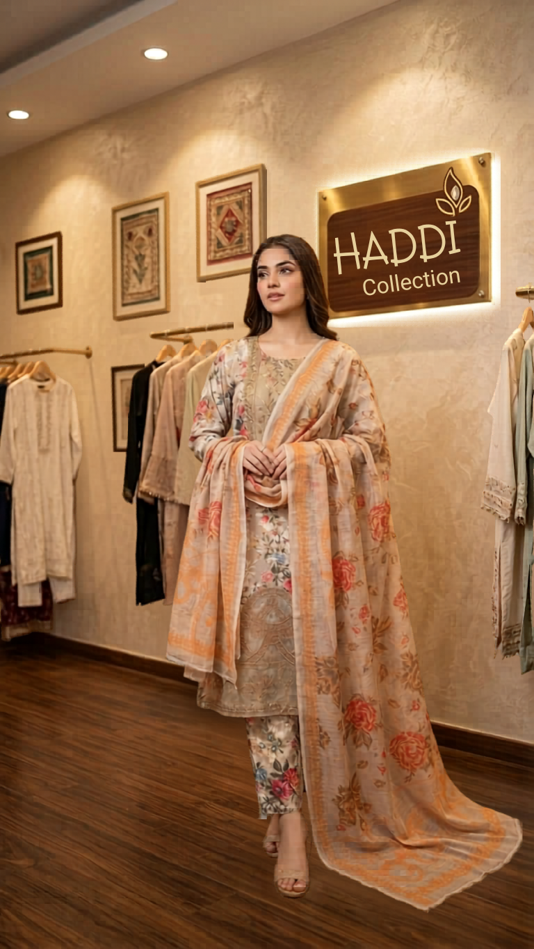 🌸 Haddi Collection — Luxury Peach & Ivory Floral Embroidered 3-Piece Suit