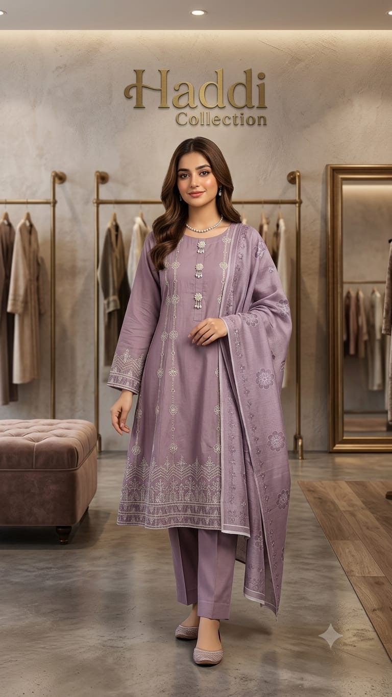 🌸 Haddi Collection — Elegant Embroidered Lilac 3-Piece Suit